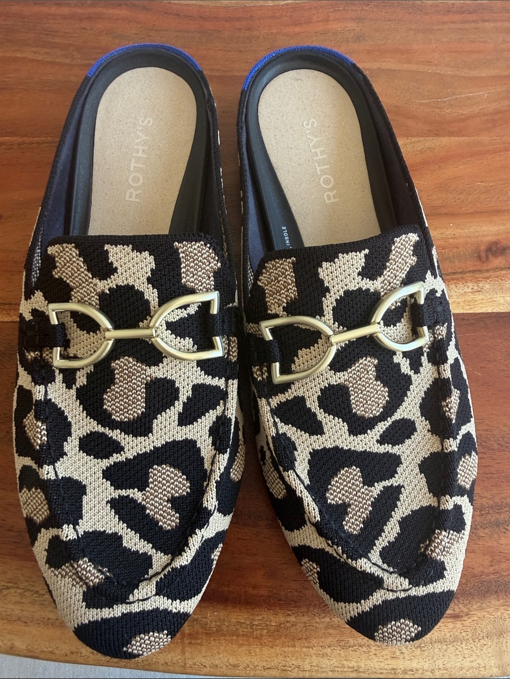 Rothy's Leopard Knit Mule Loafers in Black and Tan with Gold Hardware